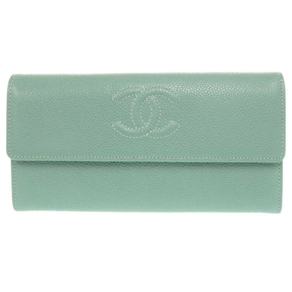 Like new Chanel Coco Mark Caviar Skin 18 series Mint Green Long Wallet 0330CH...
